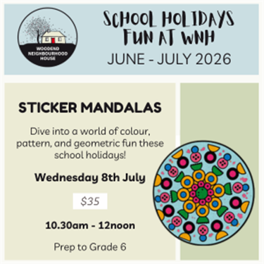 Promotional tile that lists the details of the Sticker Dot Mandala workshop.